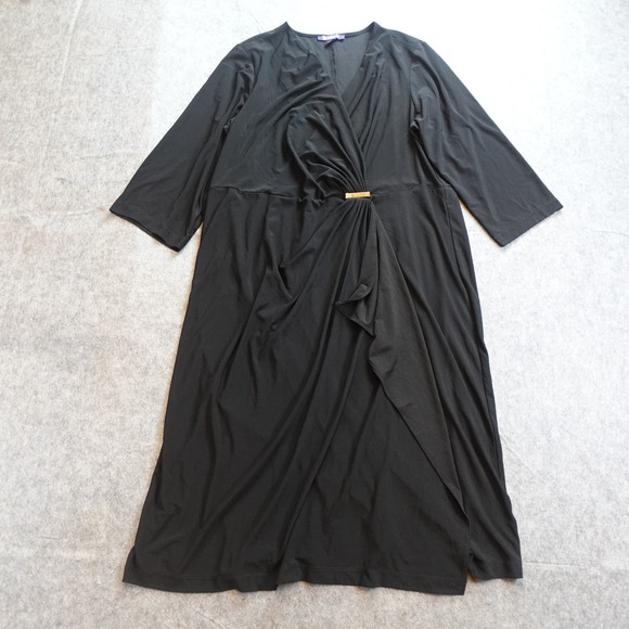 Roaman's Dresses & Skirts - Roamans Dress Women 20W Black Faux Wrap Ruched VNeck Midi 3/4 Sleeve Jersey Knit